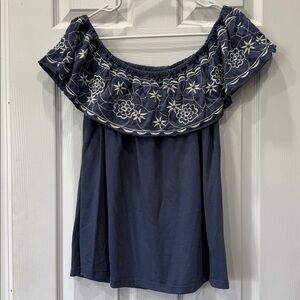 Navy Off-Shoulder Top with Embroidery